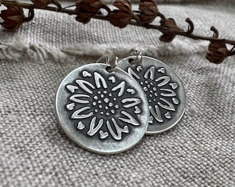 Oxidized Sterling Silver Sunflower Earrings, Rustic Floral Discs