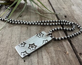 Minimalist Silver Stamped Flower Necklace - Oxidized Sterling Silver Dog Tag - Unisex - Men's - Women's