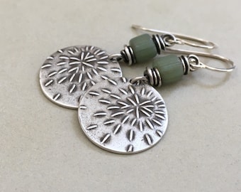 Starburst Sashiko Stitch Earrings - Rustic Oxidized Sterling Silver Dangle Earrings - Green Java Glass Bead