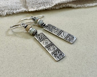 Silver Quilt Panel Earrings - Ocean Jasper Beaded Dangles -Earrings for Quilt Lover - Ocean Blue and Sand