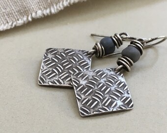 Oxidized Sterling Silver Sashiko Earrings - Gray Glass Bead Dangles
