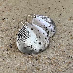 Silver Seashell Impression Earrings - Oxidized Sterling Silver - Raw Rustic Beach Sand and Shell &quot;Fossil&quot; - Domed Shell Shape