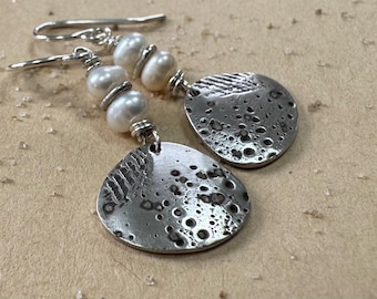 Small oxidized sterling silver artisan seashell earrings with freshwater pearls