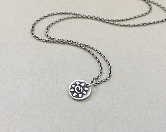 Dainty Oxidized Sterling Silver Sun Necklace – Rustic Tribal Charm