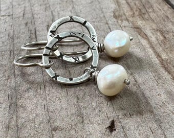 Small Rustic Hoops with Freshwater Pearls - Oxidized Sterling Silver - Dainty Elegant Dangle Earrings