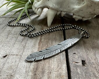 Minimalist Tribal Silver Feather Necklace - Rustic - Boho- Leather or Chain - Unisex - Men - Women