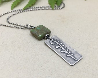 Sterling Silver Fern Necklace - Green Czech Glass - Oxidized Silver - Nature-Inspired - Boho Silver Pendant