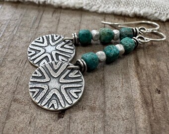 Silver & Turquoise Dangle  Earrings with Tribal Style Geometric Design and Stacked Beads