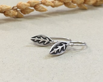 Oxidized Sterling Silver Leaf Earrings, Tiny Rustic Handmade Design