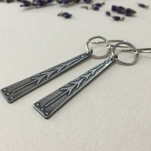 Sterling Silver Pine Tree Earrings - Oxidized - Embossed - Lone Tree - Long Dangle Earrings