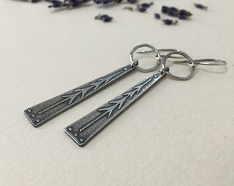 Sterling Silver Pine Tree Earrings - Oxidized - Embossed - Lone Tree - Long Dangle Earrings