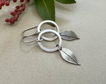 Little Silver Hoops with Simple Leaves - Oxidized Sterling Silver - Silver Satin Finish - Dainty Elegant Dangle Earrings