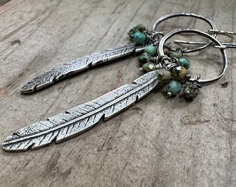 Silver Feather Earrings - African Turquoise Beads - Boho Chic - Tribal-Style Hoop Earrings