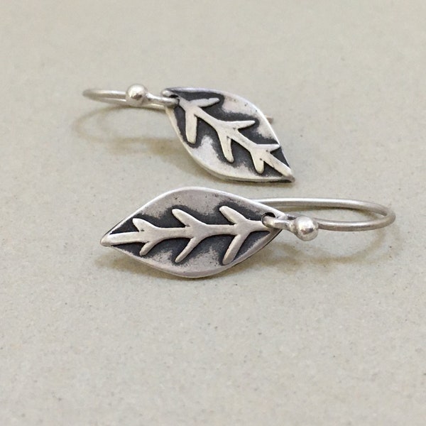 Little Silver Leaf Earrings - Oxidized Sterling Silver - Simple Rustic Design - Nature-Inspired