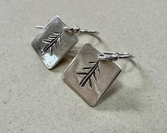 Small square minimalist pine tree earrings in sterling silver
