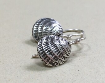 Silver Seashell Earrings - Cockle Shell - Boho Summer Beach Jewelry - Oxidized Sterling Silver