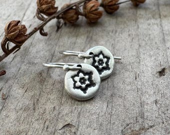 Tiny Stamped Flower Earrings - Oxidized Sterling Silver - Dainty Petite Earrings - Simple Minimalist Floral Design
