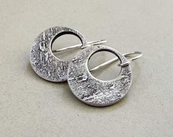 Small Textured Silver Hoops - Oxidized Sterling Silver - Rustic Chunky Hoops - Rock Textured Earrings