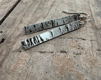 Sterling silver tree bark earrings - oxidized long dangles