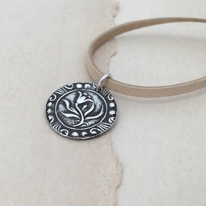 Flower Pendant on Leather Lace - Oxidized Sterling Silver Necklace - Floral Medallion - Gift for Her