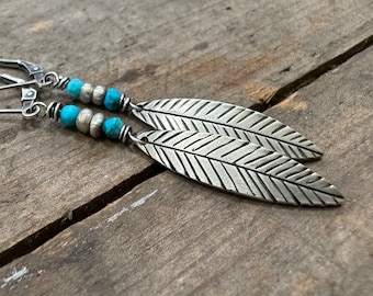 Turquoise Feather Dangle Earrings | Oxidized Sterling Silver, Unisex
