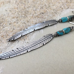 Boho Silver Feather Earrings with Turquoise - Rustic Tribal - Long Dangle Earrings