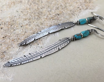 Boho Silver Feather Earrings with Turquoise - Rustic Tribal - Long Dangle Earrings