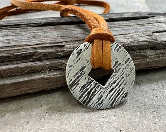 Rustic Silver Wood Grain Pendant | Sliding Knot Leather Cord in Chocolate Brown or Camel | Unisex Men's Women's Boho Oxidized Silver Pendant