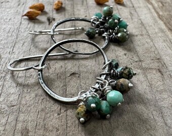 Rustic Silver Beaded Hoops - African Turquoise Beads - Boho Chic Hoop Earrings