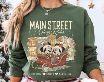 Retro Main Street Sleigh Rides Disney Christmas Shirt, Disney Mickey & Minnie Sweatshirt, Disney Holiday Tee, Disney Family Christmas Shirt