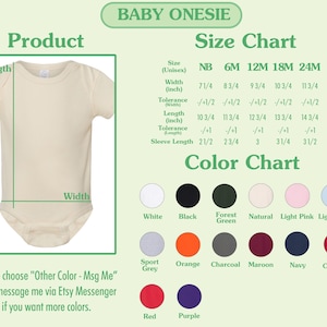May include: A cream-colored baby onesie with measurements for width and length, and a color chart with various options like white, black, and red. The text "BABY ONESIE" is at the top.
