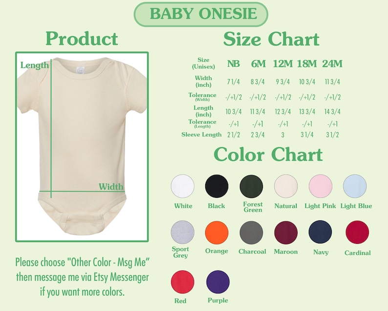 May include: A cream-colored baby onesie with measurements for width and length, and a color chart with various options like white, black, and red. The text "BABY ONESIE" is at the top.