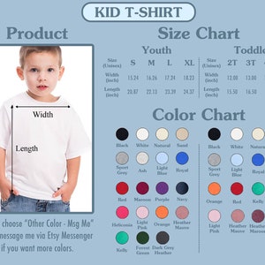 K&ouml;nnte beinhalten: Eine Gr&ouml;&szlig;entabelle f&uuml;r T-Shirts f&uuml;r Kinder und Kleinkinder mit einer Farbtabelle, die verschiedene Farben und Stile zeigt. Die Tabelle enth&auml;lt Ma&szlig;e in Zoll f&uuml;r Breite und L&auml;nge. Die Farben umfassen Schwarz, Wei&szlig;, Natur, Sand, Sportgrau, Asche, Hellblau, Royal, Marine, Rot, Maroon, Lila, Orange, Kelly, Hellrosa, Heather Mauve, Heather Maroon und Dunkelgrau Heather.