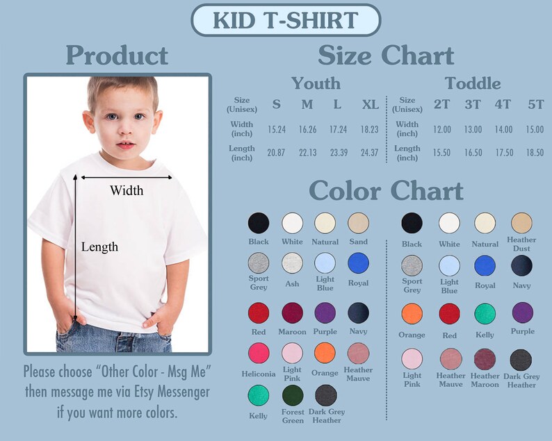 K&ouml;nnte beinhalten: Eine Gr&ouml;&szlig;entabelle f&uuml;r T-Shirts f&uuml;r Kinder und Kleinkinder mit einer Farbtabelle, die verschiedene Farben und Stile zeigt. Die Tabelle enth&auml;lt Ma&szlig;e in Zoll f&uuml;r Breite und L&auml;nge. Die Farben umfassen Schwarz, Wei&szlig;, Natur, Sand, Sportgrau, Asche, Hellblau, Royal, Marine, Rot, Maroon, Lila, Orange, Kelly, Hellrosa, Heather Mauve, Heather Maroon und Dunkelgrau Heather.