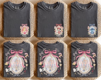 Custom Retro Coquette Bow Disney Castle Shirt, Personalized Disney Characters Shirt, Disney Family Trip Shirt, Disney Matching Tee, WDW Trip