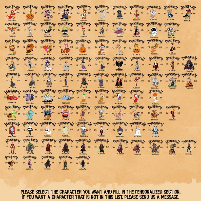 May include: A collection of Disney World character illustrations, each labelled "Florida" and "Disneyworld." Characters such as Mickey Mouse and Winnie the Pooh are featured. Text at the bottom of the image provides instructions.
