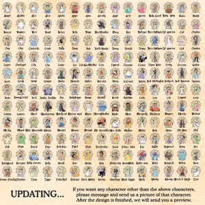 May include: A collection of character portraits, each within a decorative frame. The image features a variety of characters, including Disney characters, with names listed below each portrait. The text at the bottom says "UPDATING..." and provides instructions for custom requests.