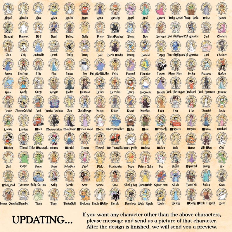 May include: A collection of character portraits, each within a decorative frame. The image features a variety of characters, including Disney characters, with names listed below each portrait. The text at the bottom says "UPDATING..." and provides instructions for custom requests.