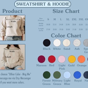 K&ouml;nnte beinhalten: Gr&ouml;&szlig;entabelle f&uuml;r Sweatshirts und Hoodies in verschiedenen Farben, darunter Schwarz, Wei&szlig;, Sand, Asche, Sportgrau, Rotbraun, Rot, Hellrosa, Gold, Orange, Lila, Waldgr&uuml;n, Milit&auml;rgr&uuml;n, Hellblau, K&ouml;nigsblau und Marineblau. Die Tabelle zeigt die Breite und L&auml;nge in Zoll f&uuml;r die Gr&ouml;&szlig;en S bis 5XL.