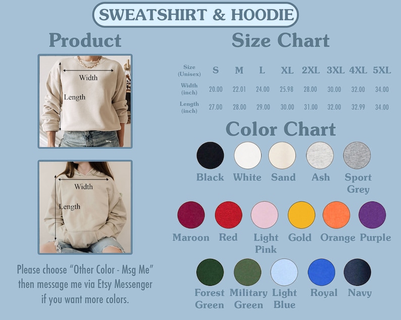 K&ouml;nnte beinhalten: Gr&ouml;&szlig;entabelle f&uuml;r Sweatshirts und Hoodies in verschiedenen Farben, darunter Schwarz, Wei&szlig;, Sand, Asche, Sportgrau, Rotbraun, Rot, Hellrosa, Gold, Orange, Lila, Waldgr&uuml;n, Milit&auml;rgr&uuml;n, Hellblau, K&ouml;nigsblau und Marineblau. Die Tabelle zeigt die Breite und L&auml;nge in Zoll f&uuml;r die Gr&ouml;&szlig;en S bis 5XL.