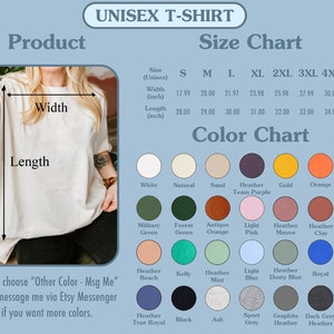 K&ouml;nnte beinhalten: Unisex-T-Shirt Gr&ouml;&szlig;entabelle mit Ma&szlig;en in Zoll. Farbkarte mit 24 verschiedenen Farboptionen, darunter Wei&szlig;, Natur, Sand, Heather Team Purple, Gold, Orange, Rot, Milit&auml;rgr&uuml;n, Waldgr&uuml;n, Antik Orange, Hellrosa, Heather Mauve, Heather Clay, Maroon, Heather Beach, Kelly, Heather Mint, Hellblau, Heather Dusty Blue, Royal, Navy, Heather True Royal, Schwarz, Asche, Sportgrau, Graphite Heather, Dark Grey Heather und Lila.