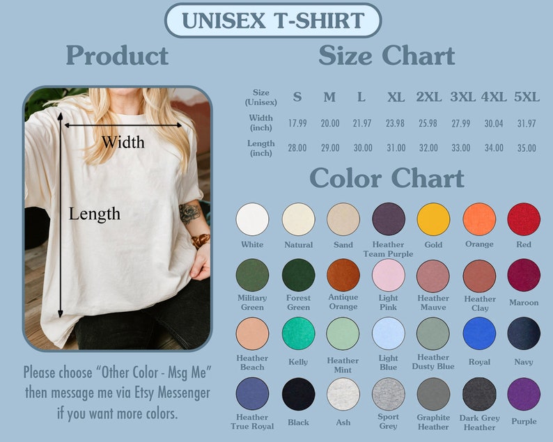 K&ouml;nnte beinhalten: Unisex-T-Shirt Gr&ouml;&szlig;entabelle mit Ma&szlig;en in Zoll. Farbkarte mit 24 verschiedenen Farboptionen, darunter Wei&szlig;, Natur, Sand, Heather Team Purple, Gold, Orange, Rot, Milit&auml;rgr&uuml;n, Waldgr&uuml;n, Antik Orange, Hellrosa, Heather Mauve, Heather Clay, Maroon, Heather Beach, Kelly, Heather Mint, Hellblau, Heather Dusty Blue, Royal, Navy, Heather True Royal, Schwarz, Asche, Sportgrau, Graphite Heather, Dark Grey Heather und Lila.
