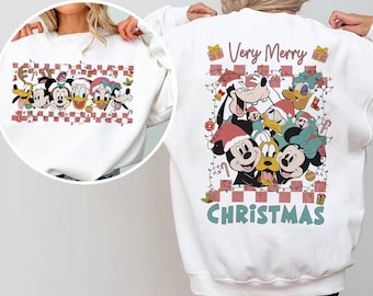 2-Sided Checkered Mickey Very Merry Christmas Lights Sweatshirt, Retro Mickey and Friends Christmas Shirts, Disney Xmas Family matching Tee