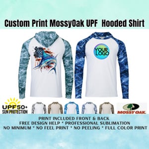Custom Printed MossyOak UPF Performance Hooded Shirt, Sun Protection Shirt UPF 50+ Fishing Shirt, Hunting Shirt, Company Shirt, Family Shirt