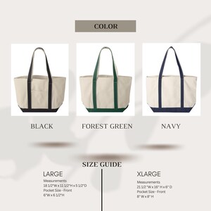 May include: Three tote bags in different colors: black, forest green, and navy. The bags are made of canvas and have a large pocket on the front. The text "COLOR" is at the top of the image. The text "SIZE GUIDE" is in the middle of the image. The text "LARGE" is on the left side of the image. The text "XLARGE" is on the right side of the image. The text "Measurements" is below the text "LARGE" and "XLARGE". The text "Pocket Size - Front" is below the text "Measurements". The text "18 1/2"W x 11 1/2"H x 5 1/2"D" is below the text "Measurements" for the "LARGE" bag. The text "21 1/2"W x 16"H x 6"D" is below the text "Measurements" for the "XLARGE" bag. The text "6"W x 6 1/2"H" is below the text "Pocket Size - Front" for the "LARGE" bag. The text "8"W x 8"H" is below the text "Pocket Size - Front" for the "XLARGE" bag.