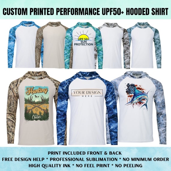 Custom Printed Performance Hooded Shirt W/ UPF 50 Sun Protection, Mossy  Oak, Fishing Shirt, Hunting Shirt, Company Shirt, Family Shirt, 