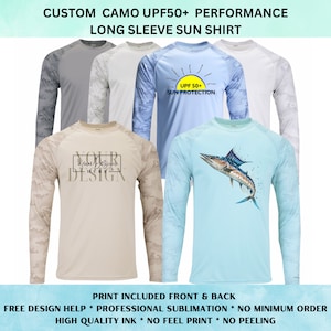 Custom Printed Camo Long Sleeve shirt with UPF50+  SUN PROTECTION, Saltwater Freshwater Fishing Shirt, Company Shirt, Performance Shirt
