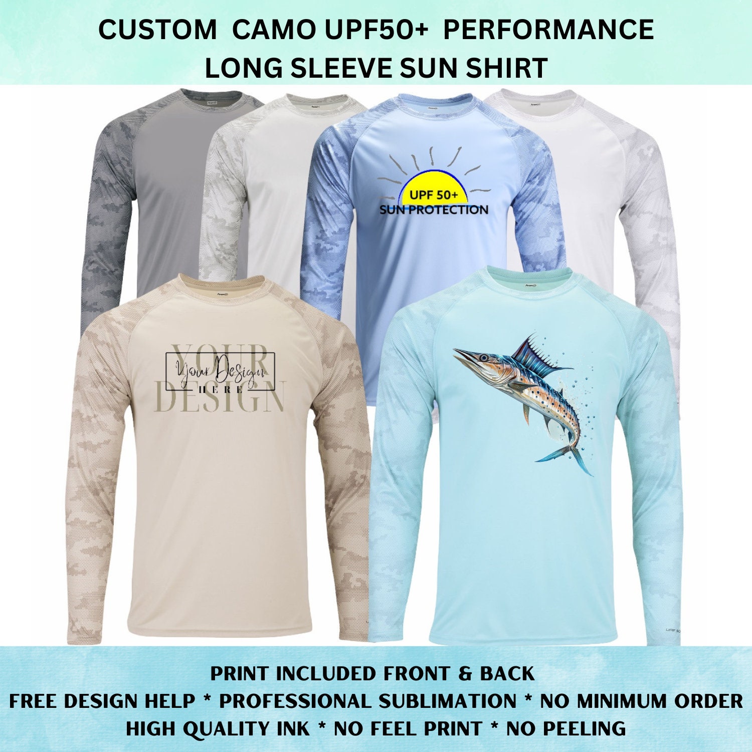 Custom Printed Camo Long Sleeve Shirt With UPF50 SUN PROTECTION, Saltwater  Freshwater Fishing Shirt, Company Shirt, Performance Shirt 