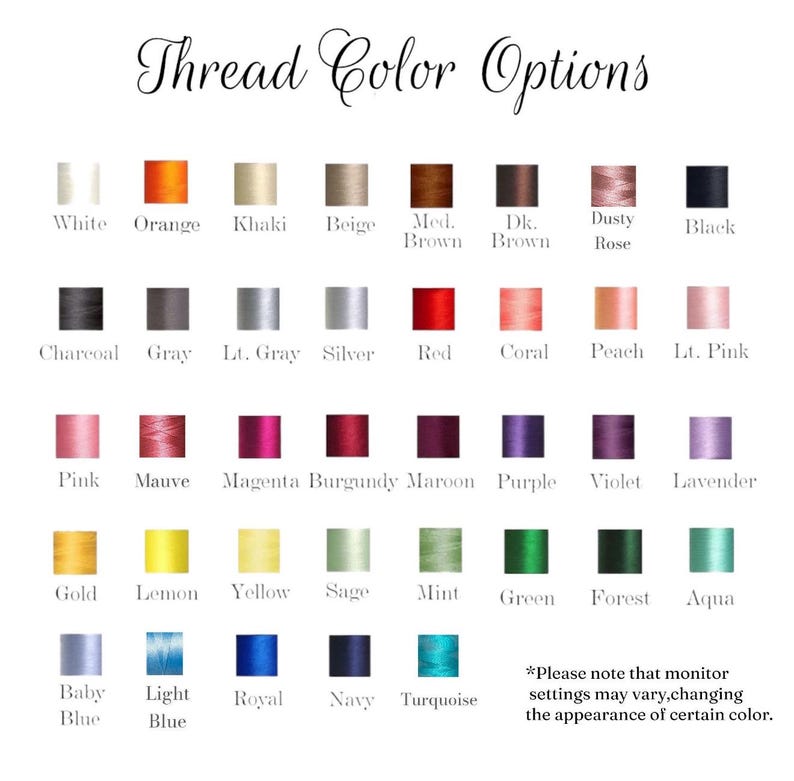 May include: A chart of thread colors with names for each color. The colors include white, orange, khaki, beige, brown, dusty rose, black, charcoal, gray, light gray, silver, red, coral, peach, light pink, pink, mauve, magenta, burgundy, maroon, purple, violet, lavender, gold, lemon, yellow, sage, mint, green, forest, aqua, baby blue, light blue, royal blue, navy, and turquoise.
