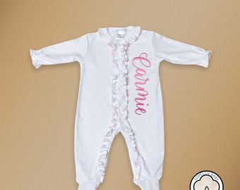 Monogrammed Pima Cotton Baby Girl Ruffle Romper